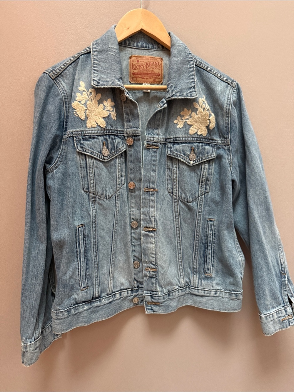Lucky Brand Light Blue Denim Jacket with Cream Floral Embroidery